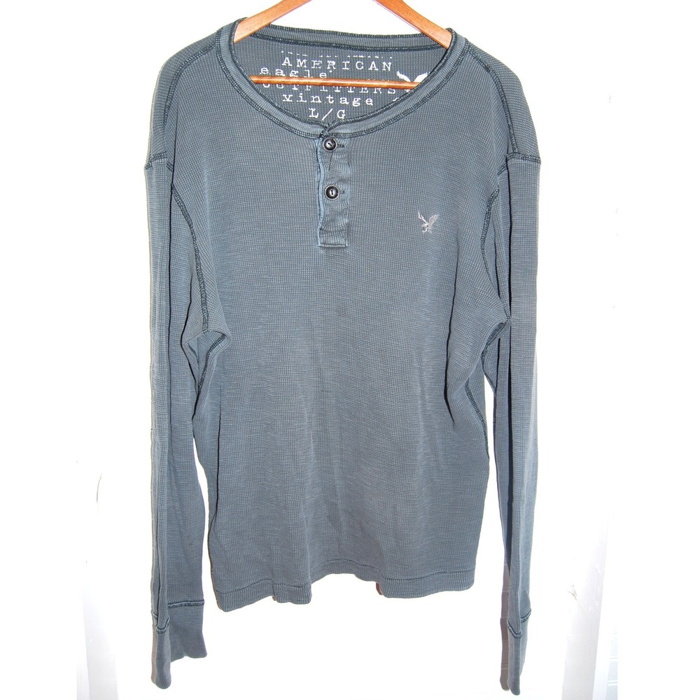 Y2K Henley Waffle Knit Sweatshirt Size‎ Large American Eagle 1/4 button Gray